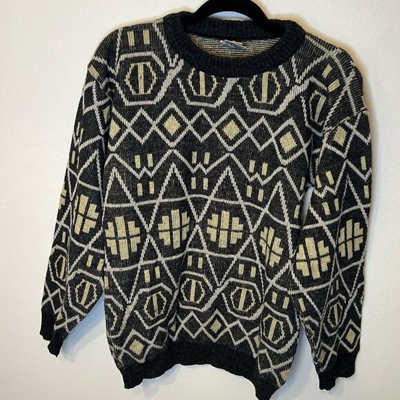 Forum Made in Italy Mens Wool Blend Geometric Knit Sweater Black Beige Small 90s - Picture 1 of 11